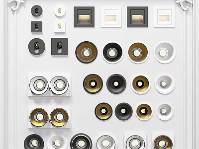 Various Designs of Downlights and Spotlights with White Black Gold Finishes and Square Round Panels 3d model