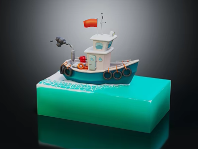 Cute Cartoon Boat Scene With Blue White Hull Red Flag And Green Wave Base 3d model