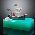 Cute Cartoon Boat Scene With Blue White Hull Red Flag And Green Wave Base