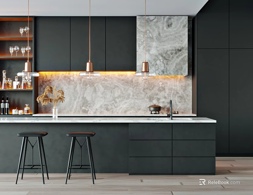 Modern Kitchen Interior With Black Cabinets Marble Countertop And Bar Stools 3d model