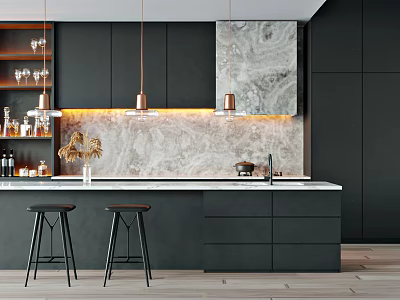 Modern Kitchen Interior With Black Cabinets Marble Countertop And Bar Stools 3d model