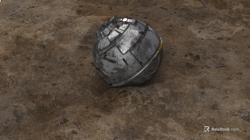Sculpture Carving of Silver Sphere with Grid and Metal Structure on Rough Brown Ground 3d model 