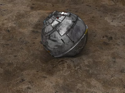 Sculpture Carving of Silver Sphere with Grid and Metal Structure on Rough Brown Ground 3d model
