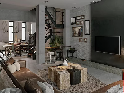 Modern Living And Dining Area With Leather Sofa Wooden Coffee Table Staircase And Framed Art 3d model