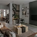 Modern Living And Dining Area With Leather Sofa Wooden Coffee Table Staircase And Framed Art