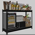 Practical Black Multi tier Storage Shelf With Mini Fridge Toaster Microwave And Vegetables 3d model