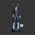 Blue Eared Anthropomorphic Fox In Plaid Shirt Vest Denim Shorts Standing On Black Base