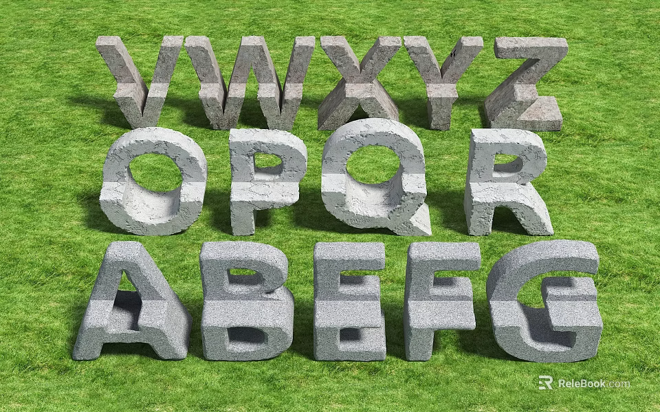 Letter Shaped Gray Stone Outdoor Chairs Placed On Green Grass Lawn 3d model 