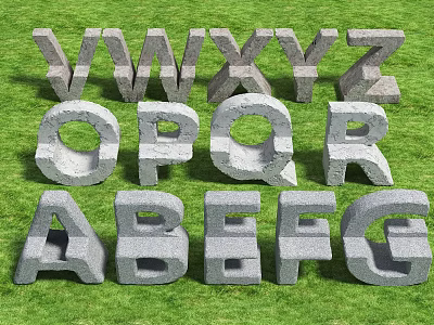 Letter Shaped Gray Stone Outdoor Chairs Placed On Green Grass Lawn 3d model