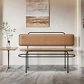 Minimalist Upholstered Leisure Chair With Black Metal Frame Side Table And Wall Art Plants