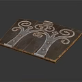 Wooden Decorative Plaque With Silver Metal Tree Like Curved Ornaments And Carved Design