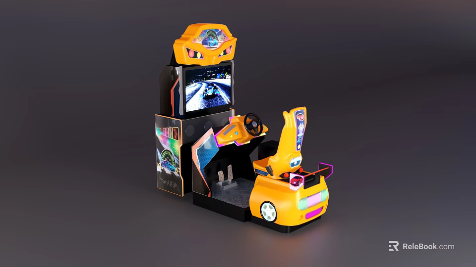 Bright Yellow Racing Arcade Game Amusement Equipment with Steering Wheel Seat and Screen 3d model 