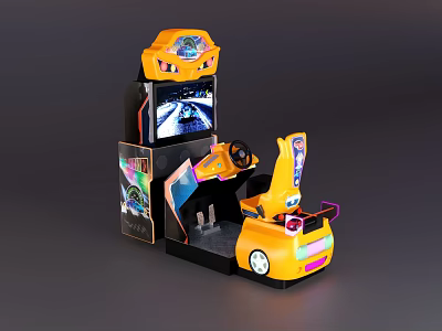 Bright Yellow Racing Arcade Game Amusement Equipment with Steering Wheel Seat and Screen 3d model