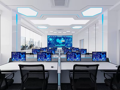 Modern Control Room Interior Setup With Multiple Monitor Screens Control Desks And Large 3d model