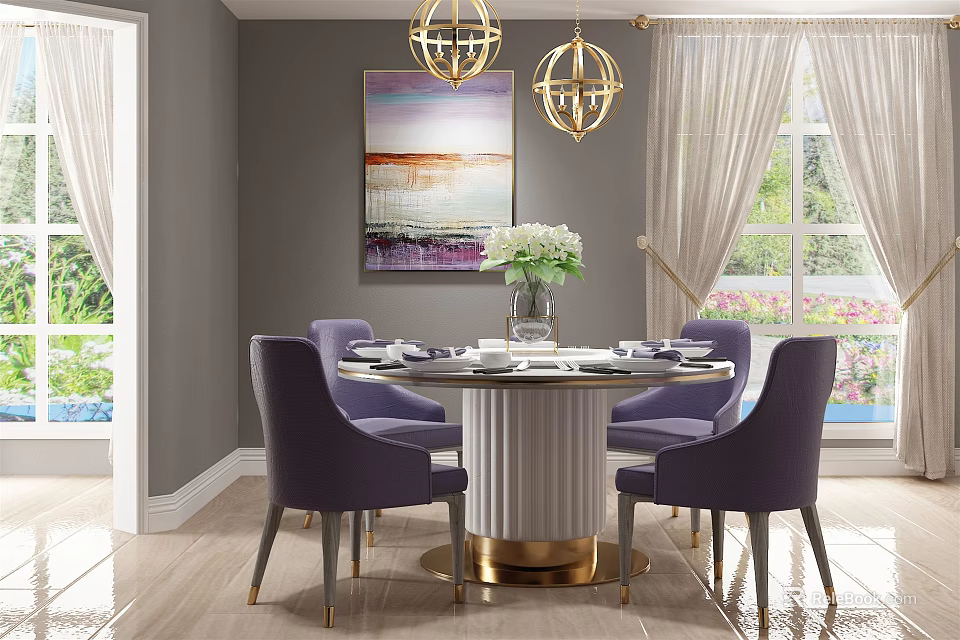 Elegant Round Dining Table Set With Purple Chairs Gold Base And Chandeliers 3d model 