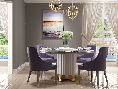 Elegant Round Dining Table Set With Purple Chairs Gold Base And Chandeliers 3d model