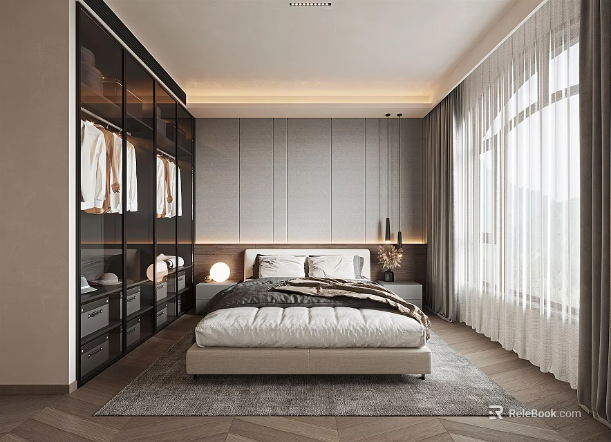 Modern Bedroom Interior With Large Bed Wardrobe Window Curtains Carpet And Soft Lighting 3d model 