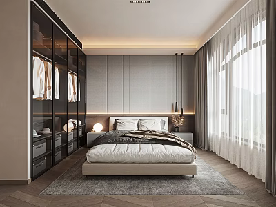 Modern Bedroom Interior With Large Bed Wardrobe Window Curtains Carpet And Soft Lighting 3d model