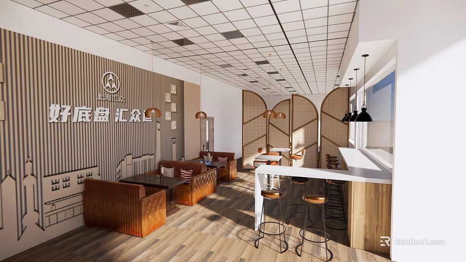 Cozy Café Interior With Wooden Seats Bar Counter Decorative Wall Pendant Lights And Ceiling Tiles 3d model 