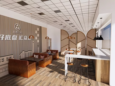 Cozy Café Interior With Wooden Seats Bar Counter Decorative Wall Pendant Lights And Ceiling Tiles 3d model