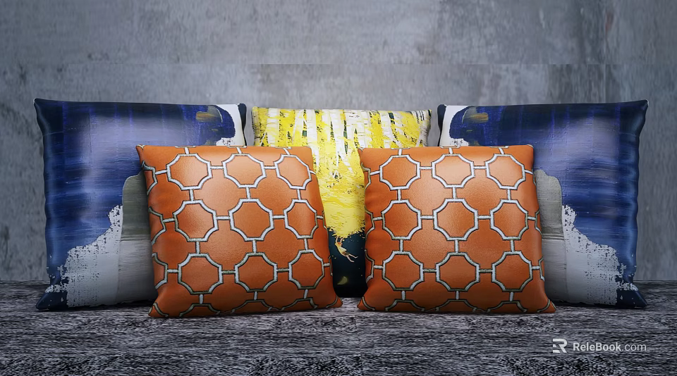 Orange Sofa Pillows With White Geometric Pattern On Grey Wall Background 3d model