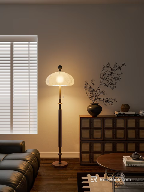 Floor Lamp With Warm Lighting Near Window Blinds And Wooden Cabinet 3d model 