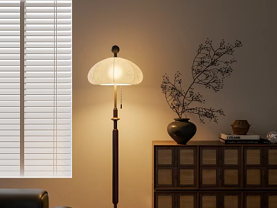 Floor Lamp With Warm Lighting Near Window Blinds And Wooden Cabinet 3d model