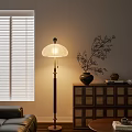 Floor Lamp With Warm Lighting Near Window Blinds And Wooden Cabinet