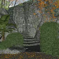 Scenic Garden Landscape With Large Green Leaves Rocks Stone Steps Bushes And Yellow Fallen Leaves