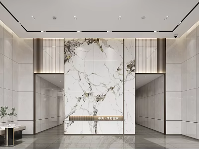 Modern Lobby Entrance Design With Marble Wall Panel And Decorative Plants 3d model