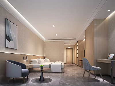 Modern Hotel Guest Room Interior With King Size Bed Gray Armchair And Writing Desk 3d model