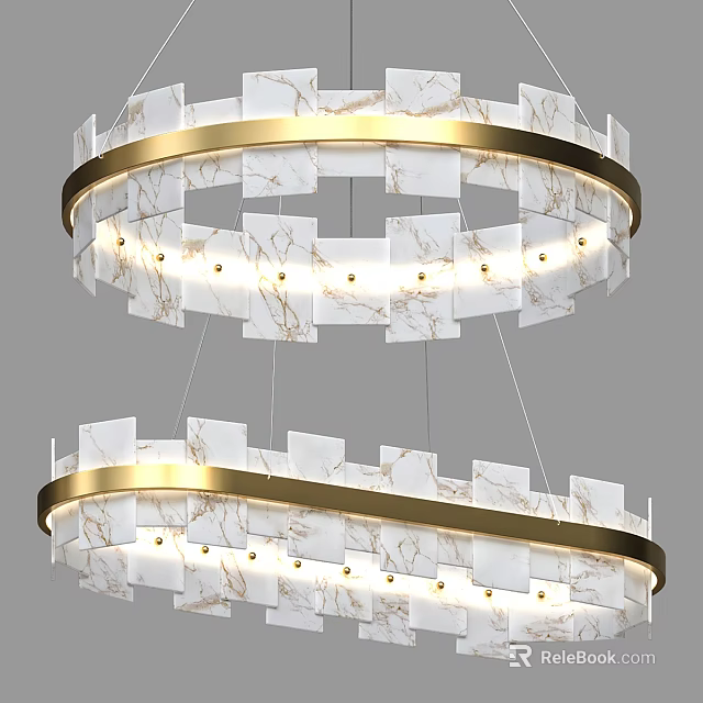 Modern Double Ring Chandelier With Marble Panels And Gold Frame Lighting Design 3d model 