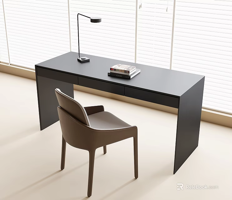 Modern Black Desk With Table Lamp Books And Brown Chair By Window Blinds 3d model 