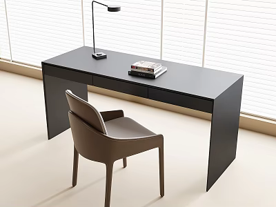 Modern Black Desk With Table Lamp Books And Brown Chair By Window Blinds 3d model