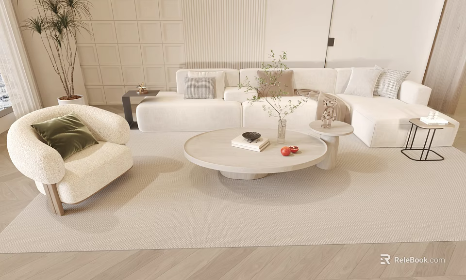 Elegant Modern Sofa Coffee Table Set With Round Wooden Table And Soft Pillows 3d model