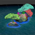 Vibrant Cartoon Scene With Floating Islands Green Trees And Pink Decorations In Blue Water