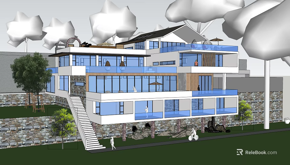 Contemporary Guesthouse Building With Expansive Glass Windows Balconies Staircase And Greenery 3d model 