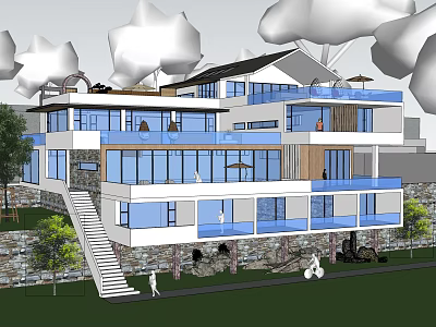 Contemporary Guesthouse Building With Expansive Glass Windows Balconies Staircase And Greenery 3d model