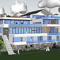 Contemporary Guesthouse Building With Expansive Glass Windows Balconies Staircase And Greenery