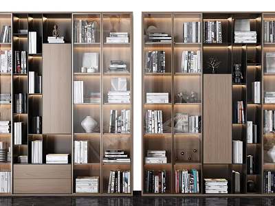 Modern Wooden Bookcase With Multiple Shelves Built in Lighting And Decorative Books 3d model