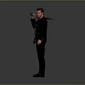 Man in black leather jacket holding gun with black pants and boots standing pose