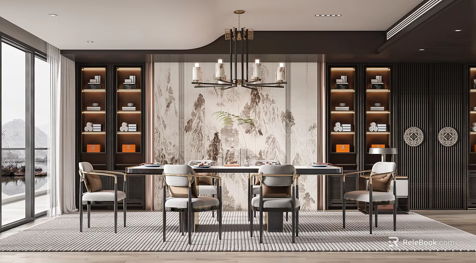 Modern Chinese Restaurant Interior Design With Landscape Painting Wall Chandelier And Dining Set 3d model 