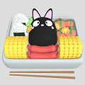 Black Cartoon Cat With Rice Corn Sausages Flower Decorations In Lunch Box And Chopsticks