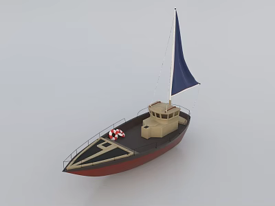 Classic Wooden Boat With Blue Sail Red And Beige Hull And Red White Lifebuoy 3d model