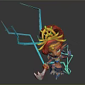 3D Character Design With Red Hair Golden Headdress Axe And Blue Geometric Lightning Elements