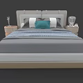 Modern Double Bed With Upholstered Headboard Gray Bedding Blue Pillow And Side Tables 3d model