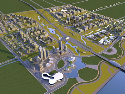 Aerial Planning Of Urban Layout With Modern Buildings Green Spaces And Water Bodies 3d model