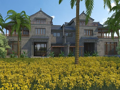 Chinese Style Semi Detached Villa With Gray Tiles Palm Trees And Yellow Flower Field 3d model