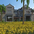 Chinese Style Semi Detached Villa With Gray Tiles Palm Trees And Yellow Flower Field