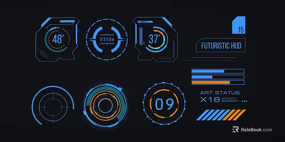 Futuristic HUD Interface Design With Digital Lines Circular Gauges And Colorful Indicators 3d model 
